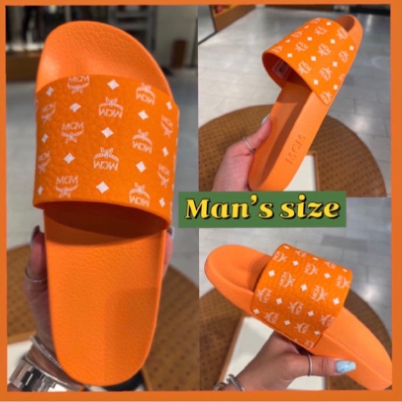 - Mens Monogram Print Rubber Slides Shoes Persimmon Orange/White - Picture 3 of 6